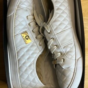G by Guess White Quilted Sneakers with Gold Accents